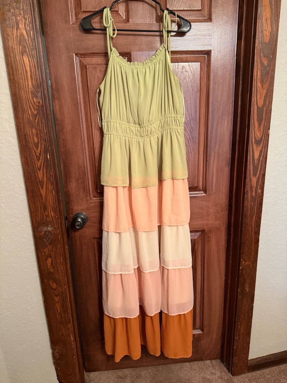 Tiered Maxi Dress with Olive and Peach Colorblock